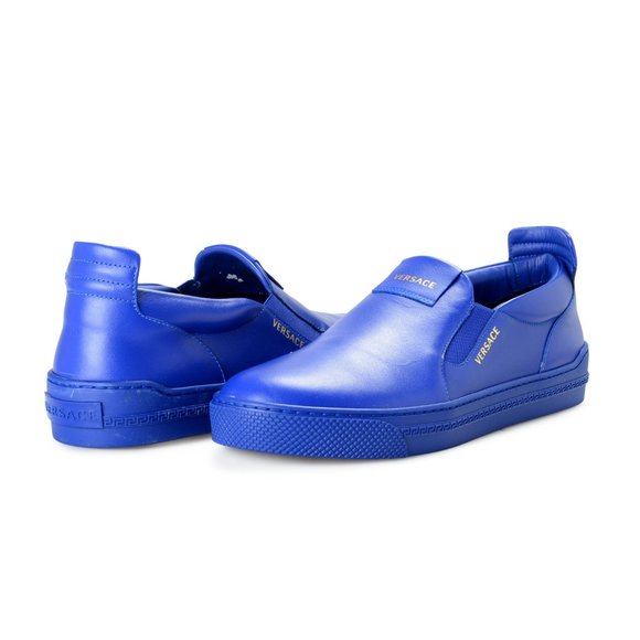 Versace Men\'s Royal Blue Logo Print Leather Moccasins Slip On Loafers Shoes main image 4